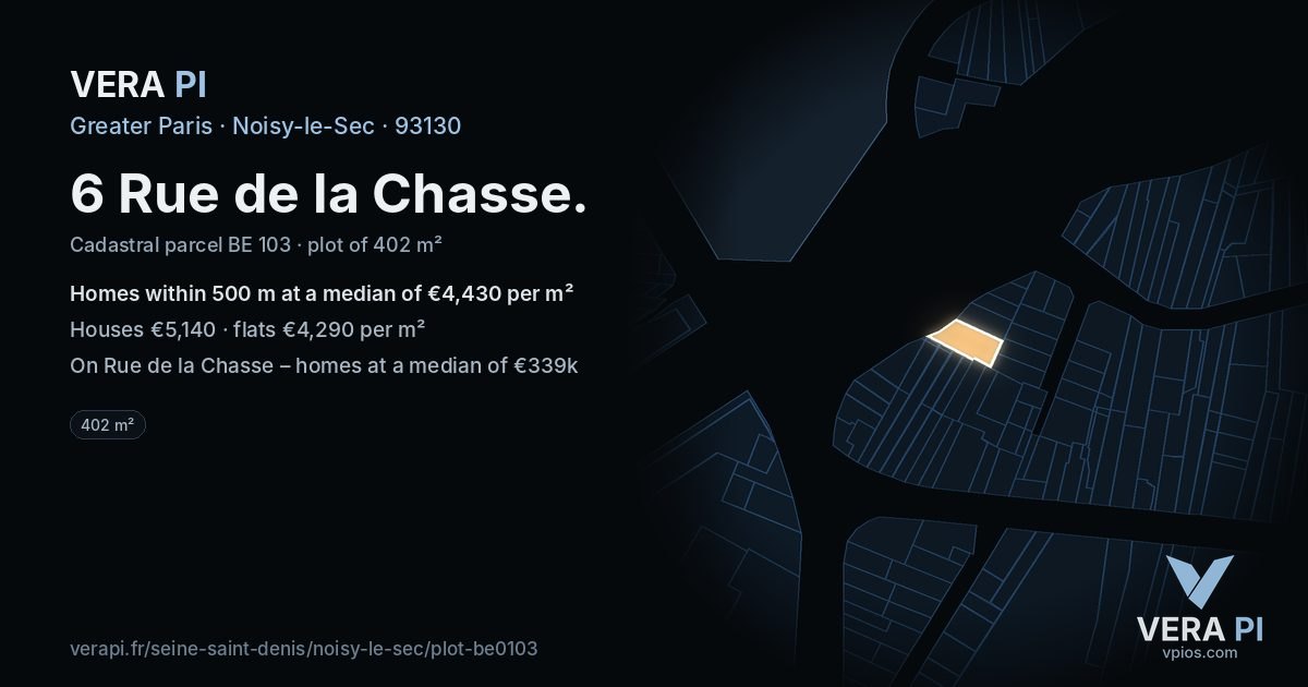 6 Rue de la Chasse, Noisy-le-Sec at night – the plot lit, the parcels around coloured by the prices near them