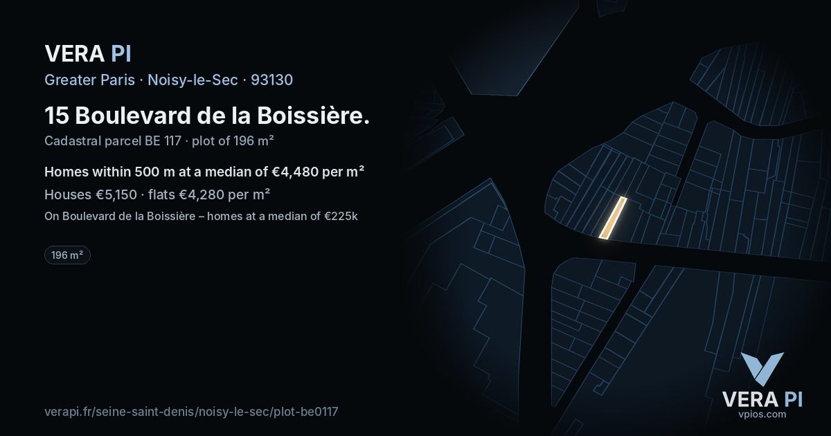 15 Boulevard de la Boissière, Noisy-le-Sec at night – the plot lit, the parcels around coloured by the prices near them