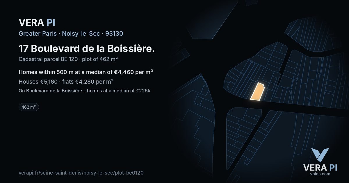 17 Boulevard de la Boissière, Noisy-le-Sec at night – the plot lit, the parcels around coloured by the prices near them