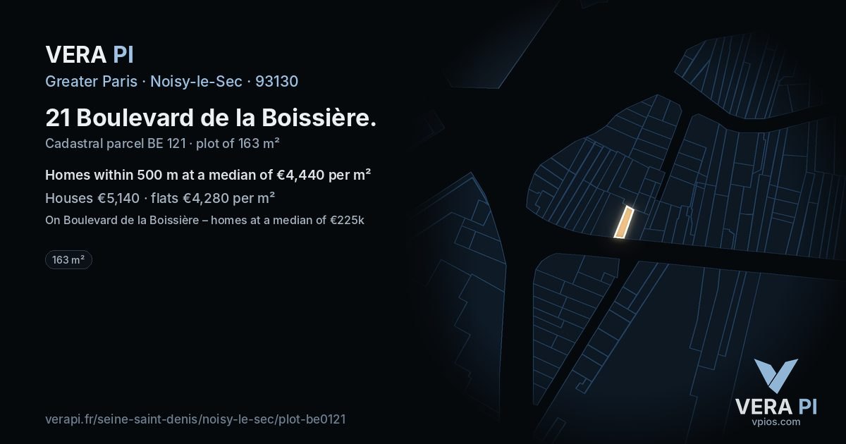 21 Boulevard de la Boissière, Noisy-le-Sec at night – the plot lit, the parcels around coloured by the prices near them