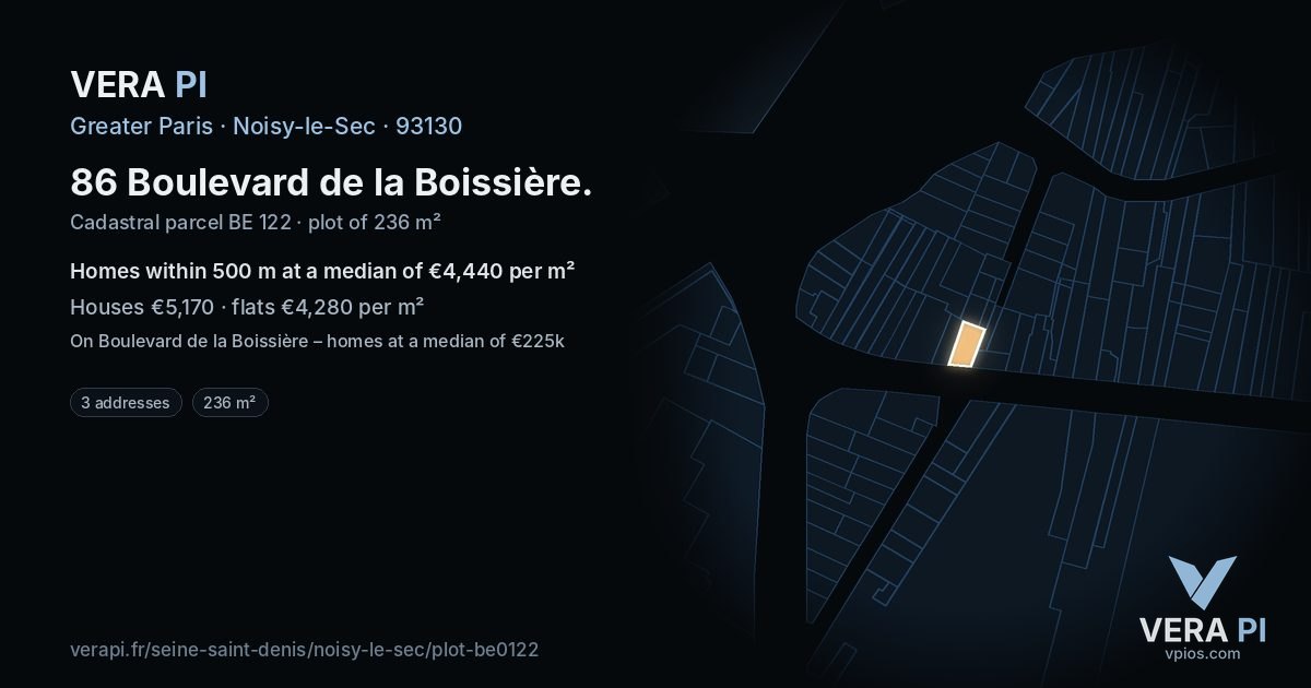 86 Boulevard de la Boissière, Noisy-le-Sec at night – the plot lit, the parcels around coloured by the prices near them