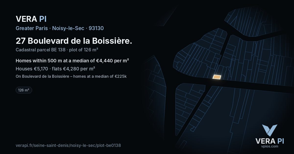 27 Boulevard de la Boissière, Noisy-le-Sec at night – the plot lit, the parcels around coloured by the prices near them