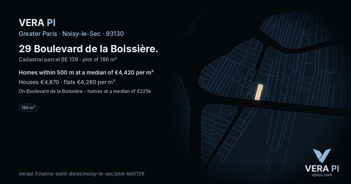 29 Boulevard de la Boissière, Noisy-le-Sec at night – the plot lit, the parcels around coloured by the prices near them