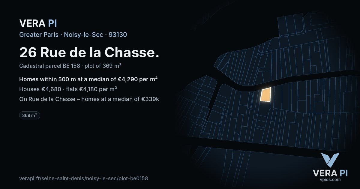 26 Rue de la Chasse, Noisy-le-Sec at night – the plot lit, the parcels around coloured by the prices near them