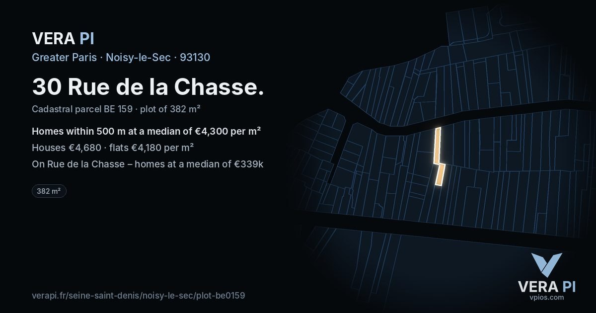 30 Rue de la Chasse, Noisy-le-Sec at night – the plot lit, the parcels around coloured by the prices near them