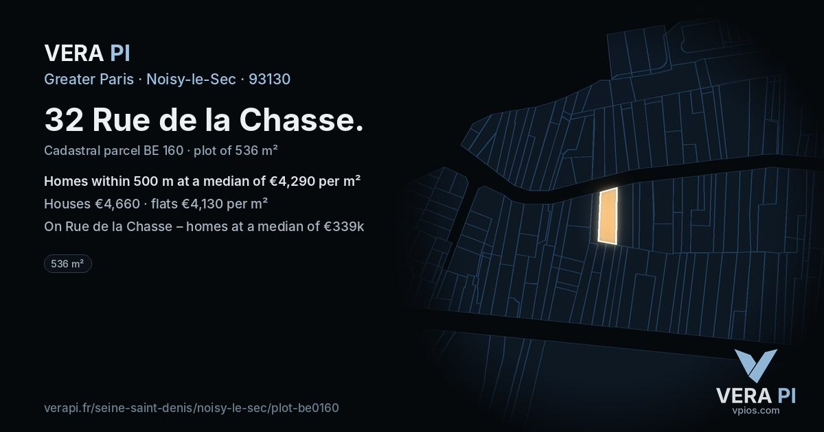 32 Rue de la Chasse, Noisy-le-Sec at night – the plot lit, the parcels around coloured by the prices near them