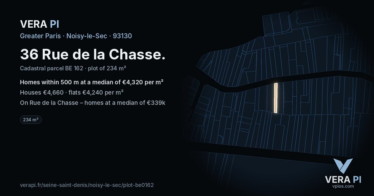36 Rue de la Chasse, Noisy-le-Sec at night – the plot lit, the parcels around coloured by the prices near them