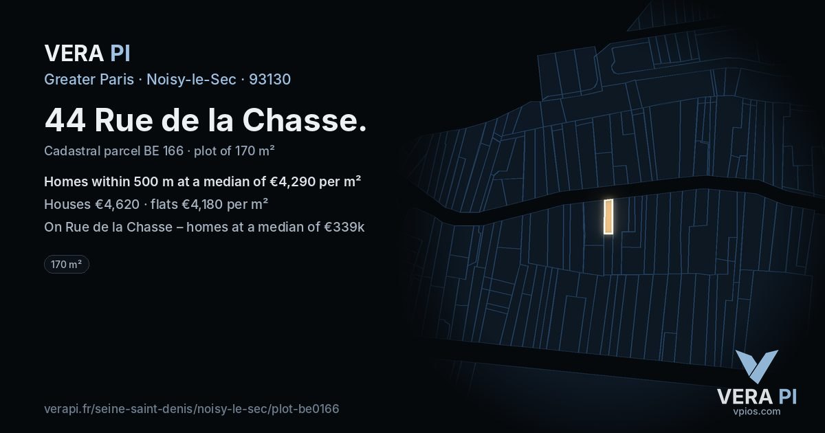 44 Rue de la Chasse, Noisy-le-Sec at night – the plot lit, the parcels around coloured by the prices near them