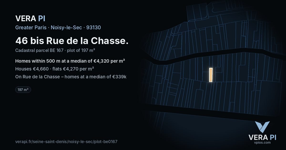 46 bis Rue de la Chasse, Noisy-le-Sec at night – the plot lit, the parcels around coloured by the prices near them