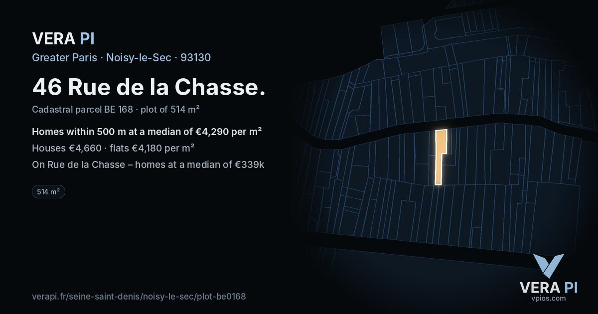 46 Rue de la Chasse, Noisy-le-Sec at night – the plot lit, the parcels around coloured by the prices near them