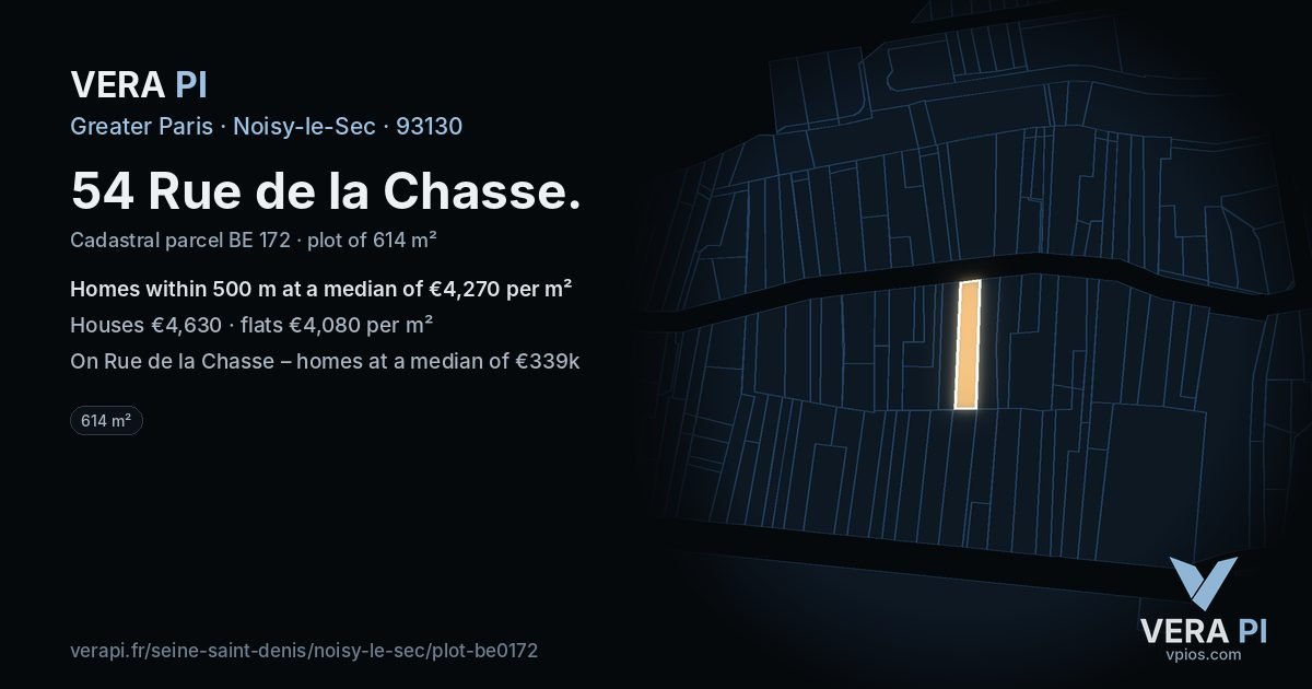 54 Rue de la Chasse, Noisy-le-Sec at night – the plot lit, the parcels around coloured by the prices near them