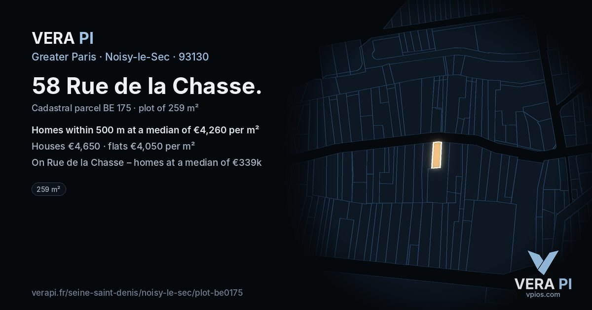 58 Rue de la Chasse, Noisy-le-Sec at night – the plot lit, the parcels around coloured by the prices near them
