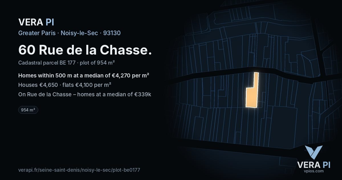 60 Rue de la Chasse, Noisy-le-Sec at night – the plot lit, the parcels around coloured by the prices near them