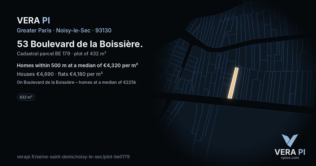 53 Boulevard de la Boissière, Noisy-le-Sec at night – the plot lit, the parcels around coloured by the prices near them