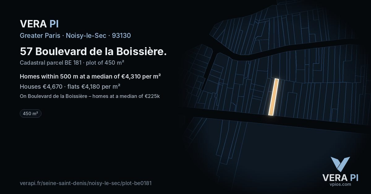 57 Boulevard de la Boissière, Noisy-le-Sec at night – the plot lit, the parcels around coloured by the prices near them