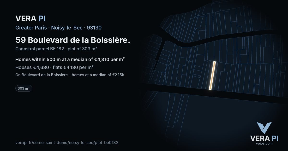 59 Boulevard de la Boissière, Noisy-le-Sec at night – the plot lit, the parcels around coloured by the prices near them
