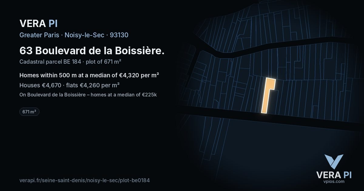 63 Boulevard de la Boissière, Noisy-le-Sec at night – the plot lit, the parcels around coloured by the prices near them