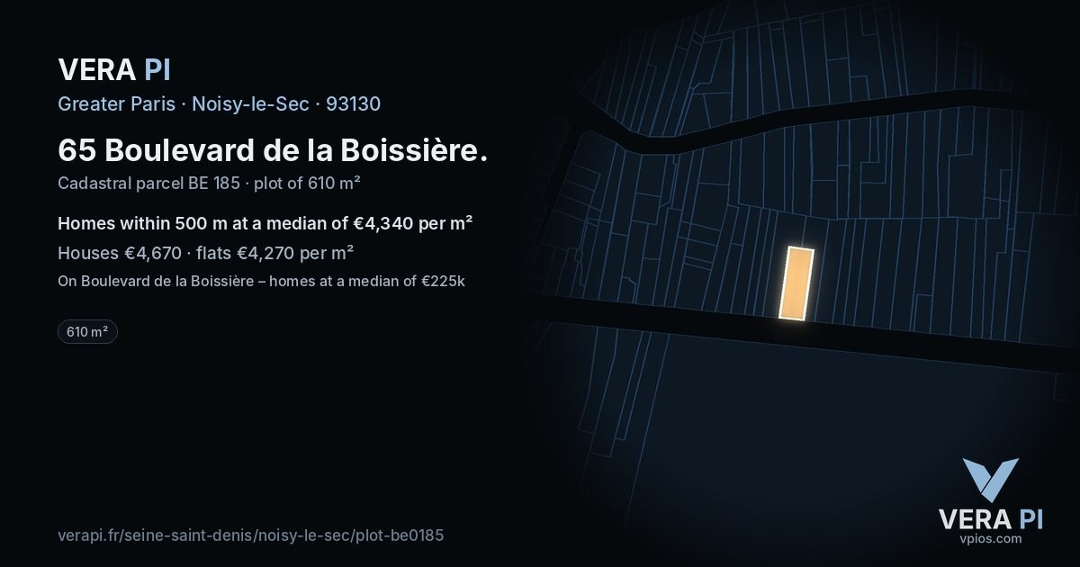 65 Boulevard de la Boissière, Noisy-le-Sec at night – the plot lit, the parcels around coloured by the prices near them