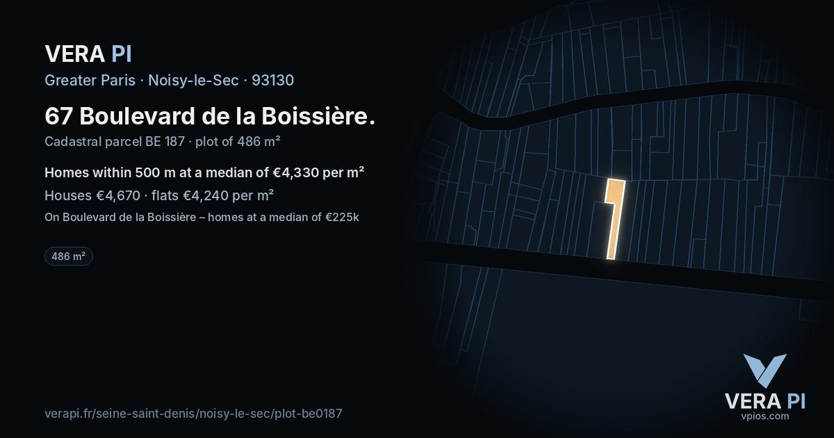 67 Boulevard de la Boissière, Noisy-le-Sec at night – the plot lit, the parcels around coloured by the prices near them