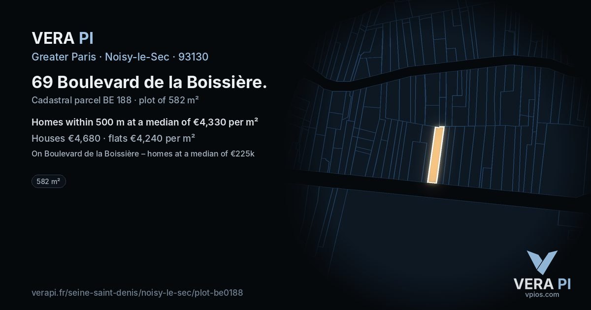 69 Boulevard de la Boissière, Noisy-le-Sec at night – the plot lit, the parcels around coloured by the prices near them