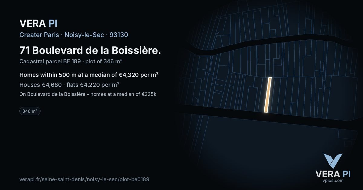 71 Boulevard de la Boissière, Noisy-le-Sec at night – the plot lit, the parcels around coloured by the prices near them