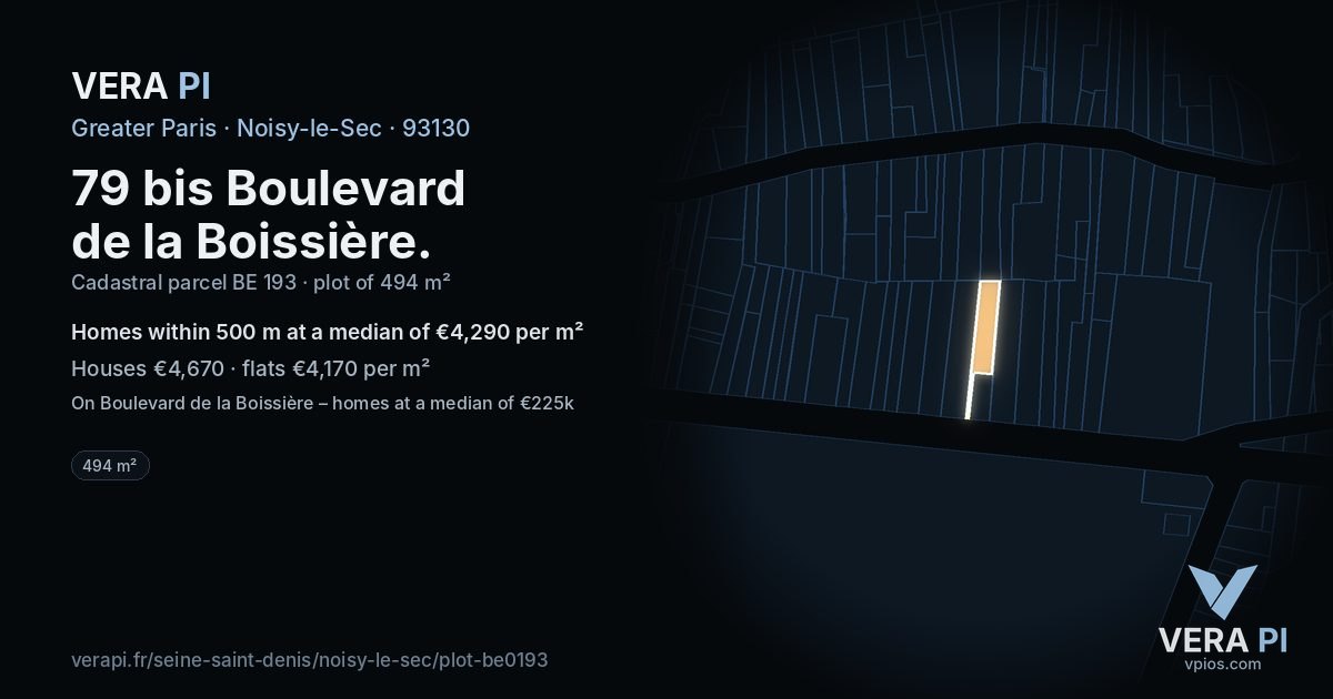 79 bis Boulevard de la Boissière, Noisy-le-Sec at night – the plot lit, the parcels around coloured by the prices near them
