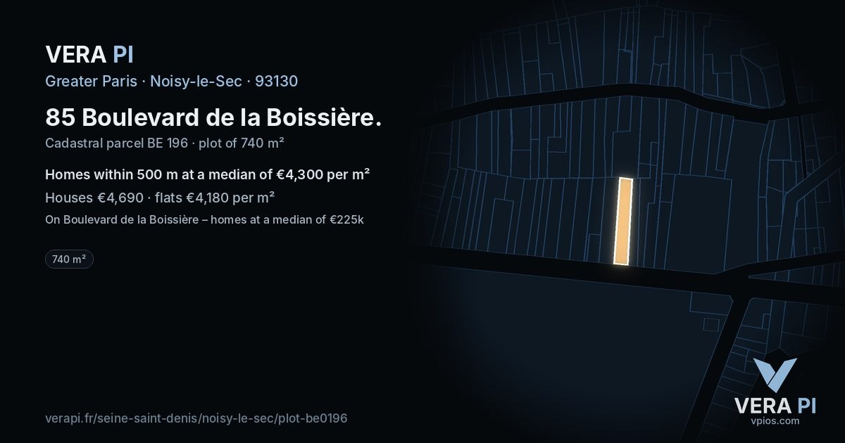 85 Boulevard de la Boissière, Noisy-le-Sec at night – the plot lit, the parcels around coloured by the prices near them