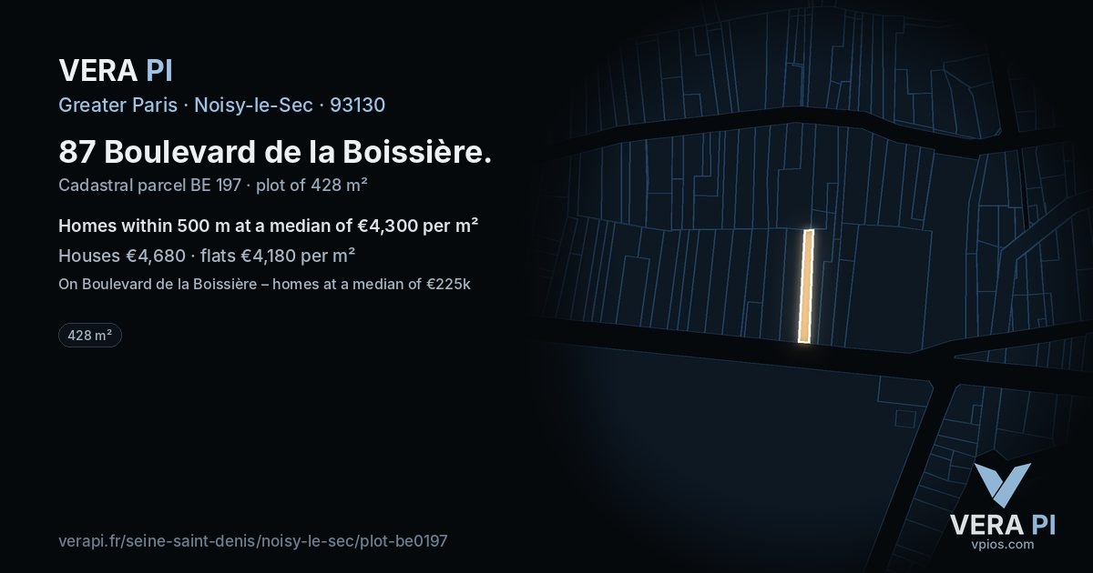 87 Boulevard de la Boissière, Noisy-le-Sec at night – the plot lit, the parcels around coloured by the prices near them