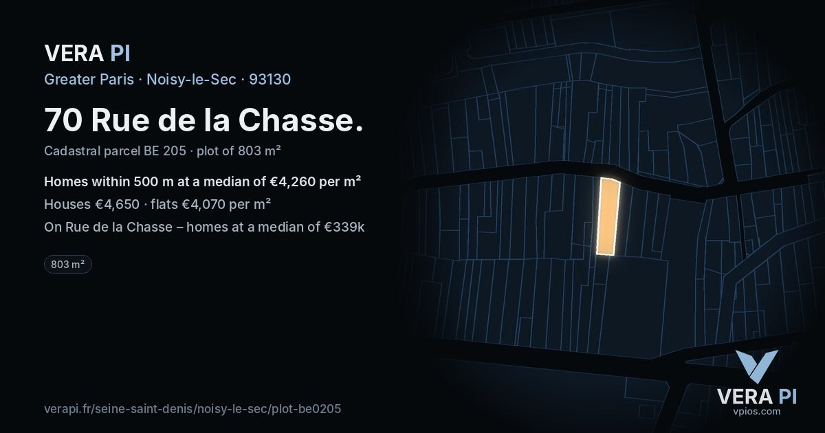 70 Rue de la Chasse, Noisy-le-Sec at night – the plot lit, the parcels around coloured by the prices near them
