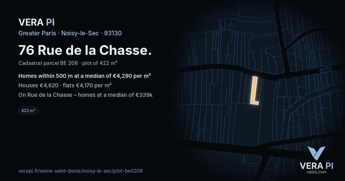 76 Rue de la Chasse, Noisy-le-Sec at night – the plot lit, the parcels around coloured by the prices near them