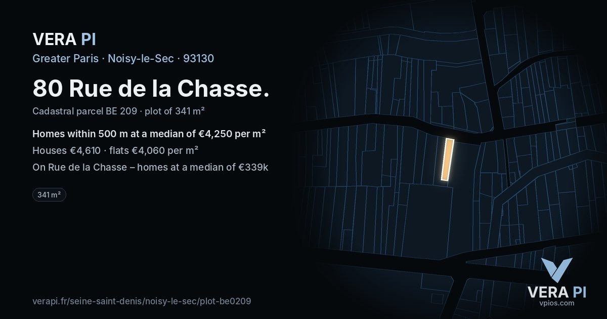 80 Rue de la Chasse, Noisy-le-Sec at night – the plot lit, the parcels around coloured by the prices near them