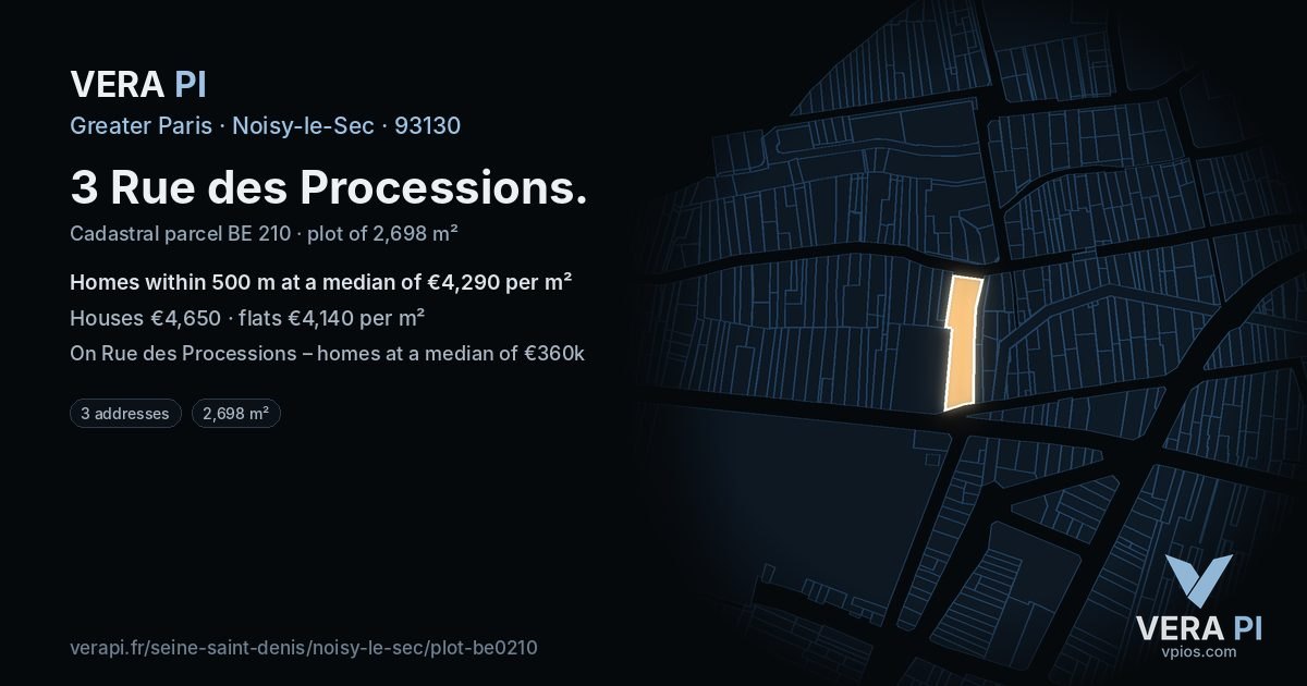 3 Rue des Processions, Noisy-le-Sec at night – the plot lit, the parcels around coloured by the prices near them