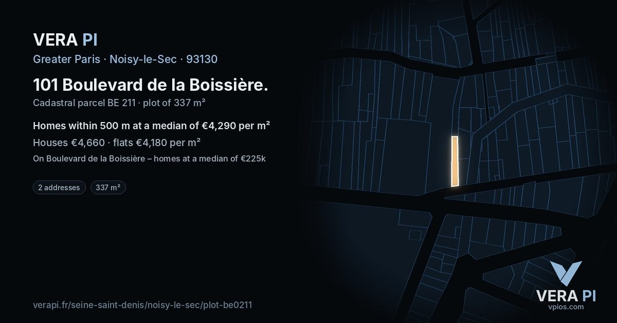 101 Boulevard de la Boissière, Noisy-le-Sec at night – the plot lit, the parcels around coloured by the prices near them