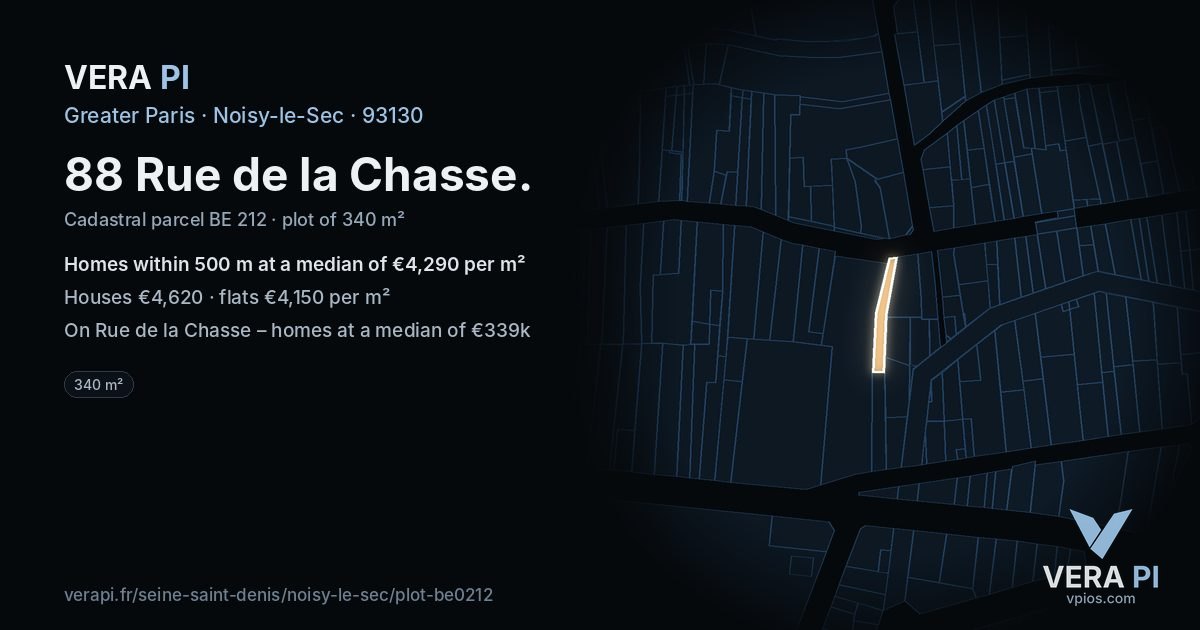 88 Rue de la Chasse, Noisy-le-Sec at night – the plot lit, the parcels around coloured by the prices near them