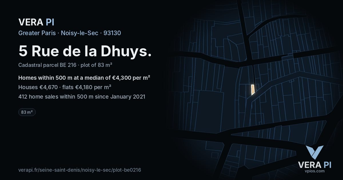 5 Rue de la Dhuys, Noisy-le-Sec at night – the plot lit, the parcels around coloured by the prices near them