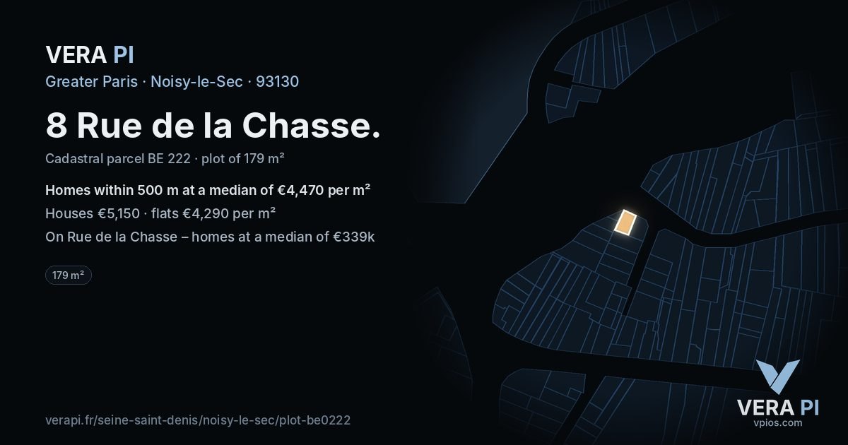 8 Rue de la Chasse, Noisy-le-Sec at night – the plot lit, the parcels around coloured by the prices near them