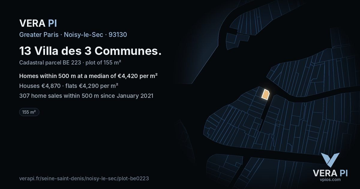 13 Villa des 3 Communes, Noisy-le-Sec at night – the plot lit, the parcels around coloured by the prices near them