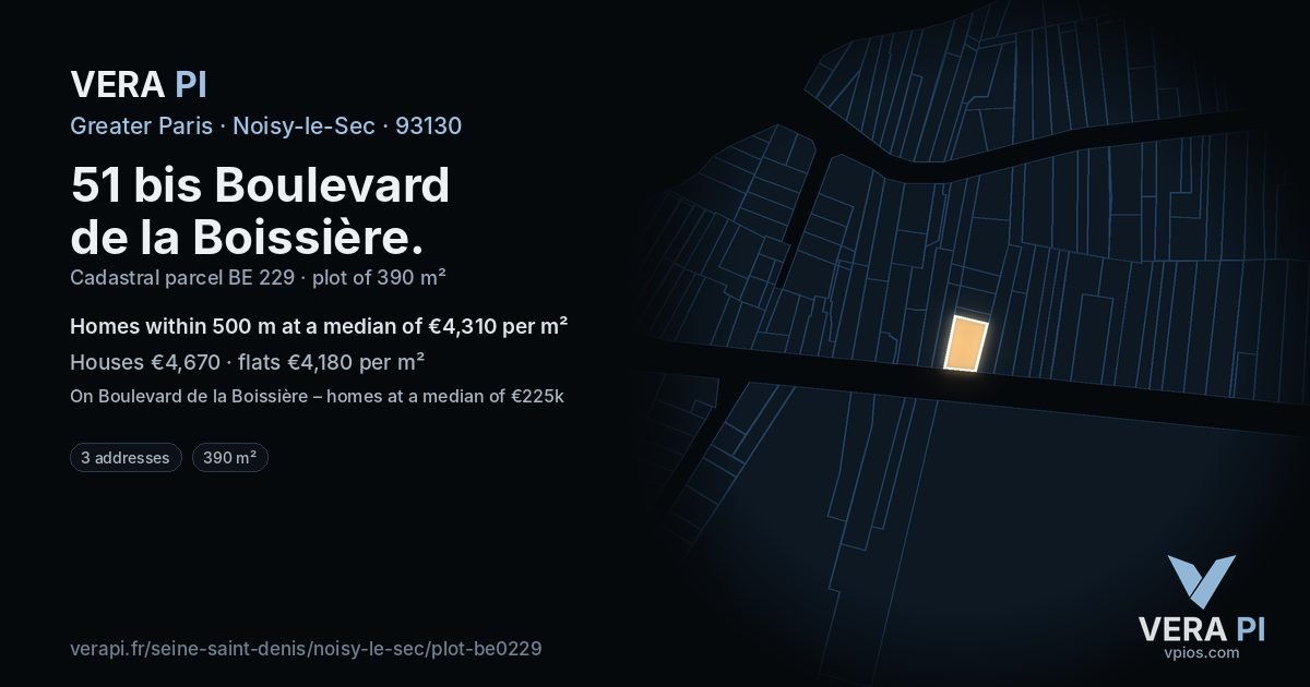 51 bis Boulevard de la Boissière, Noisy-le-Sec at night – the plot lit, the parcels around coloured by the prices near them