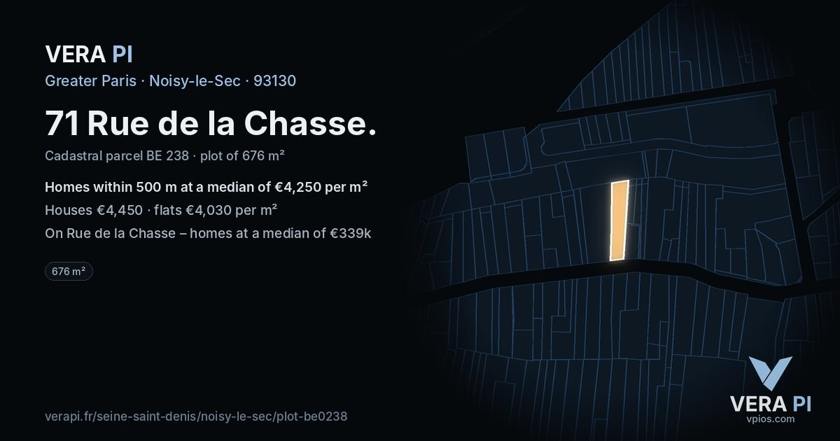 71 Rue de la Chasse, Noisy-le-Sec at night – the plot lit, the parcels around coloured by the prices near them