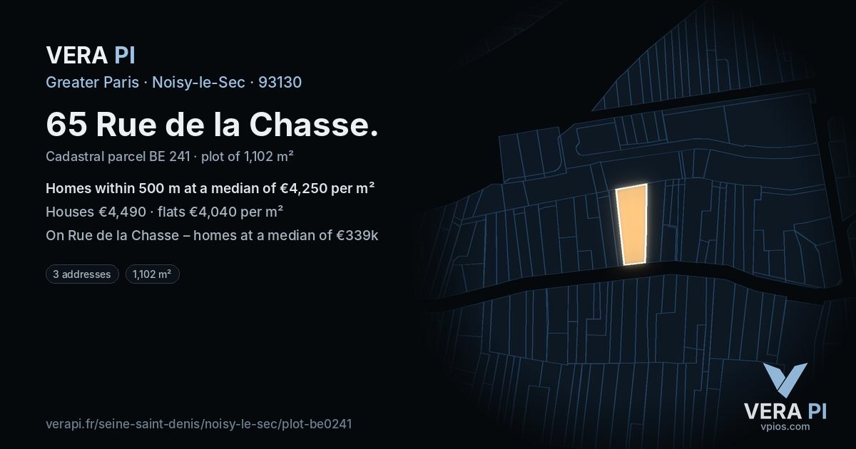 65 Rue de la Chasse, Noisy-le-Sec at night – the plot lit, the parcels around coloured by the prices near them