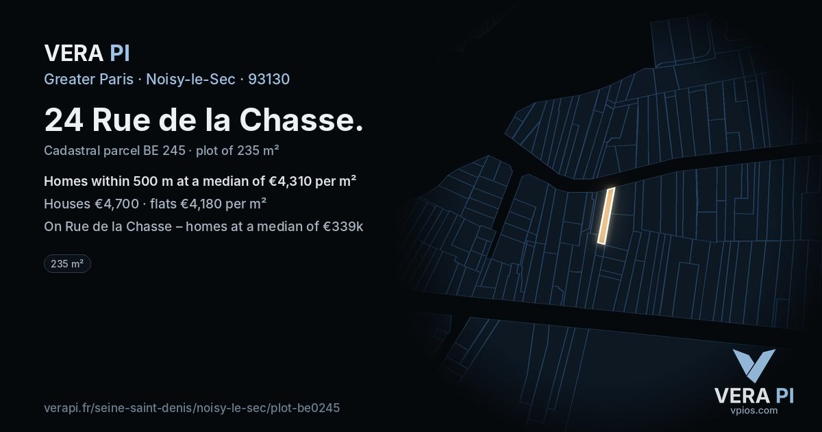 24 Rue de la Chasse, Noisy-le-Sec at night – the plot lit, the parcels around coloured by the prices near them