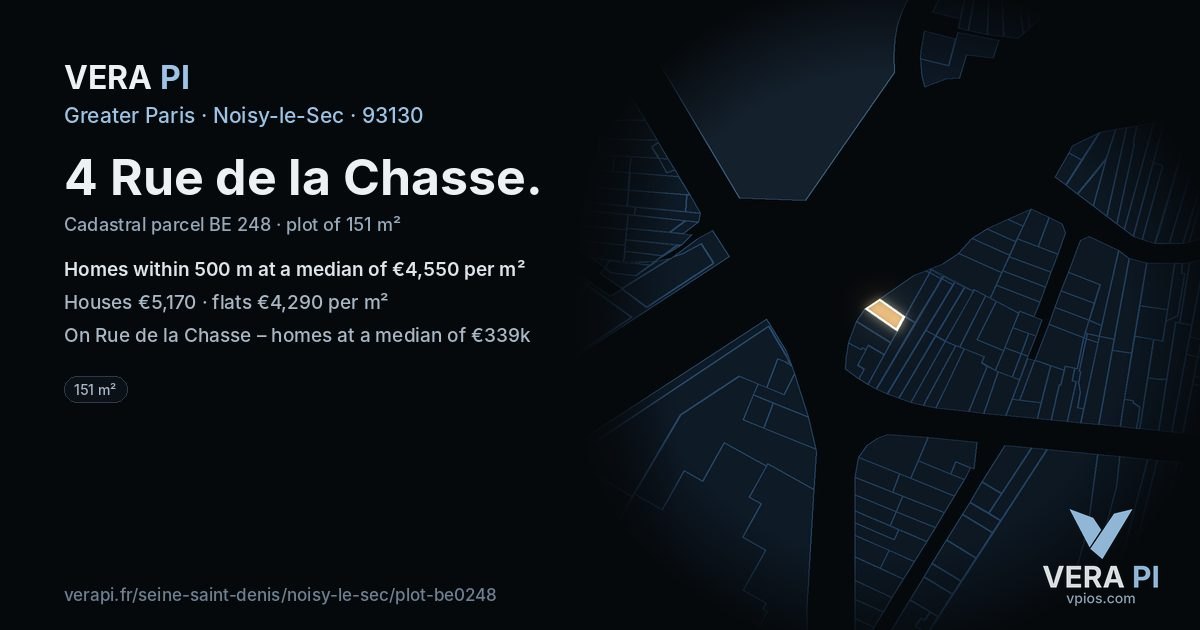 4 Rue de la Chasse, Noisy-le-Sec at night – the plot lit, the parcels around coloured by the prices near them