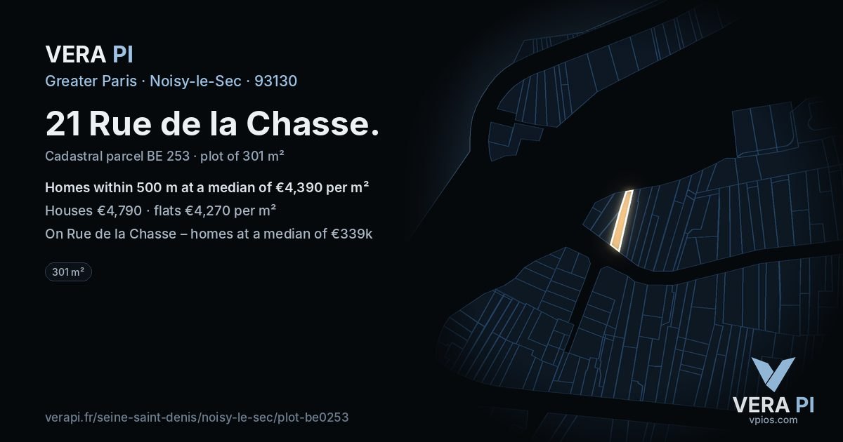 21 Rue de la Chasse, Noisy-le-Sec at night – the plot lit, the parcels around coloured by the prices near them