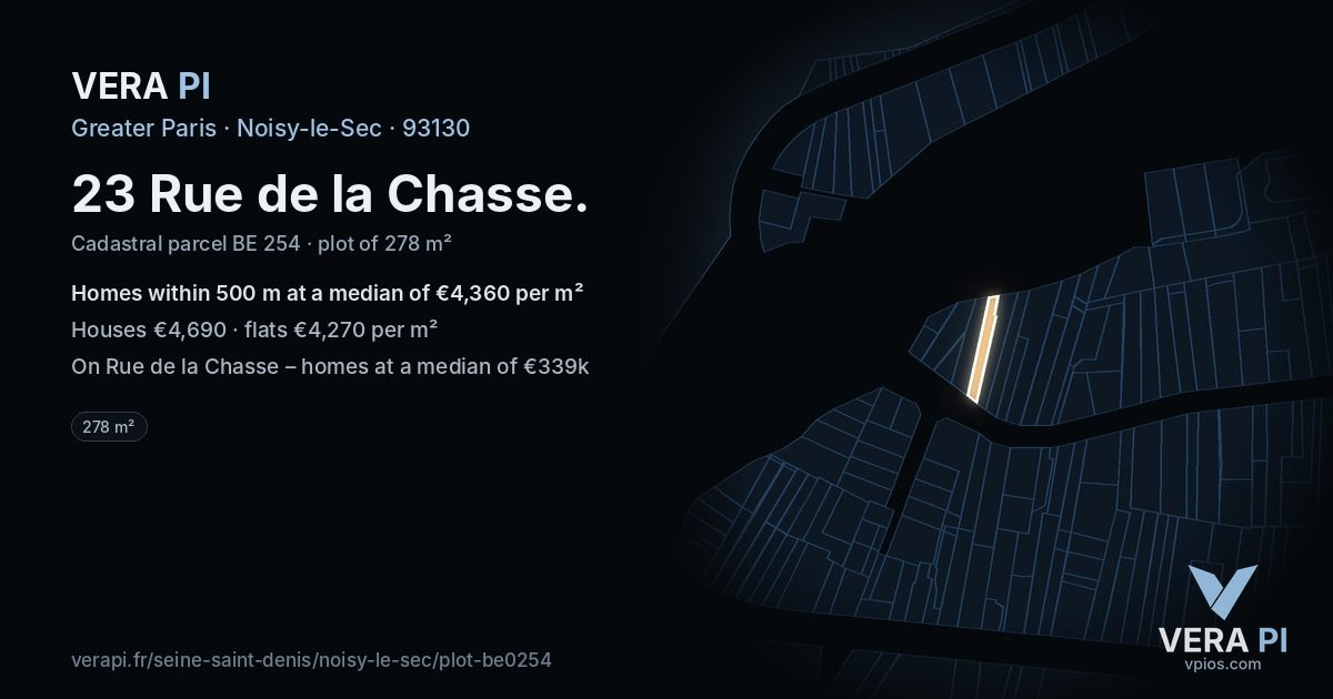 23 Rue de la Chasse, Noisy-le-Sec at night – the plot lit, the parcels around coloured by the prices near them