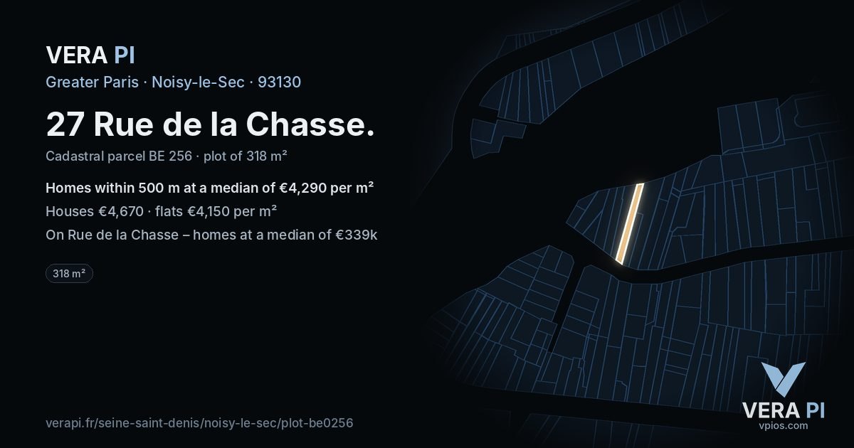 27 Rue de la Chasse, Noisy-le-Sec at night – the plot lit, the parcels around coloured by the prices near them