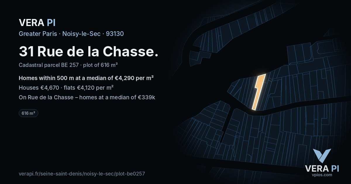 31 Rue de la Chasse, Noisy-le-Sec at night – the plot lit, the parcels around coloured by the prices near them