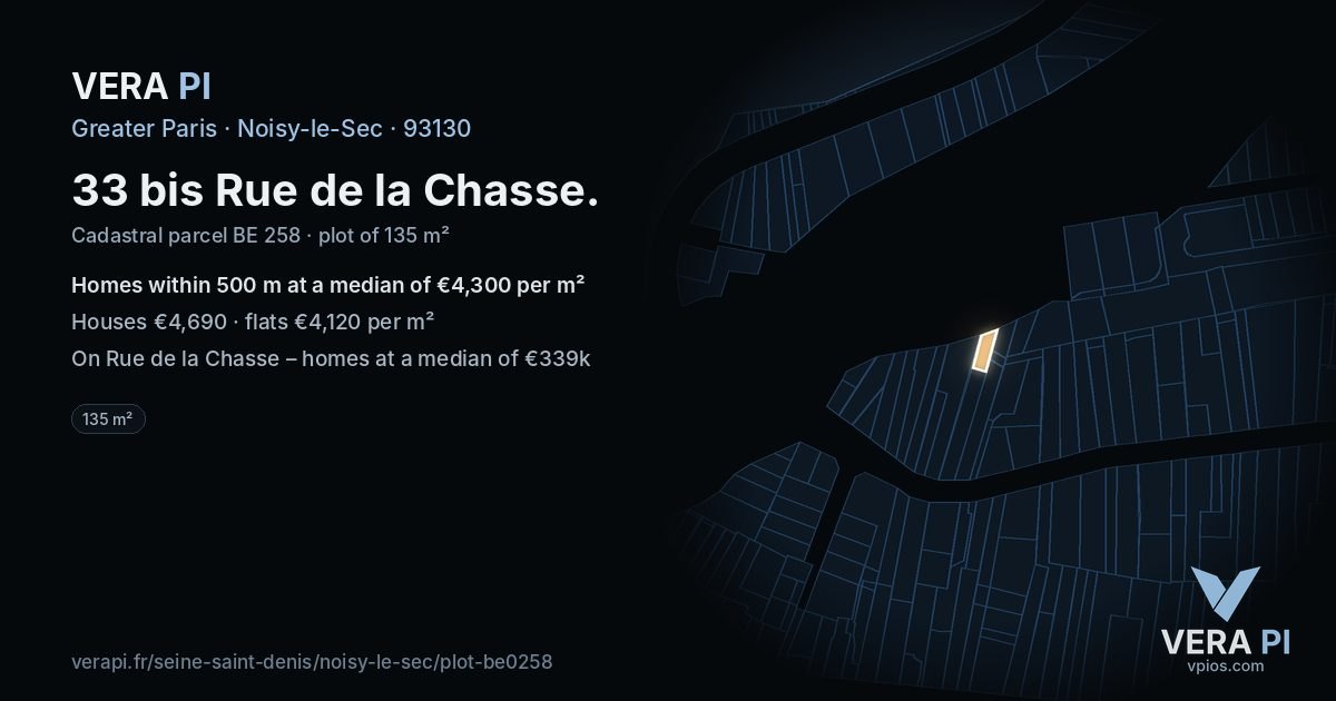 33 bis Rue de la Chasse, Noisy-le-Sec at night – the plot lit, the parcels around coloured by the prices near them