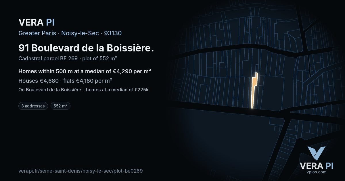 91 Boulevard de la Boissière, Noisy-le-Sec at night – the plot lit, the parcels around coloured by the prices near them