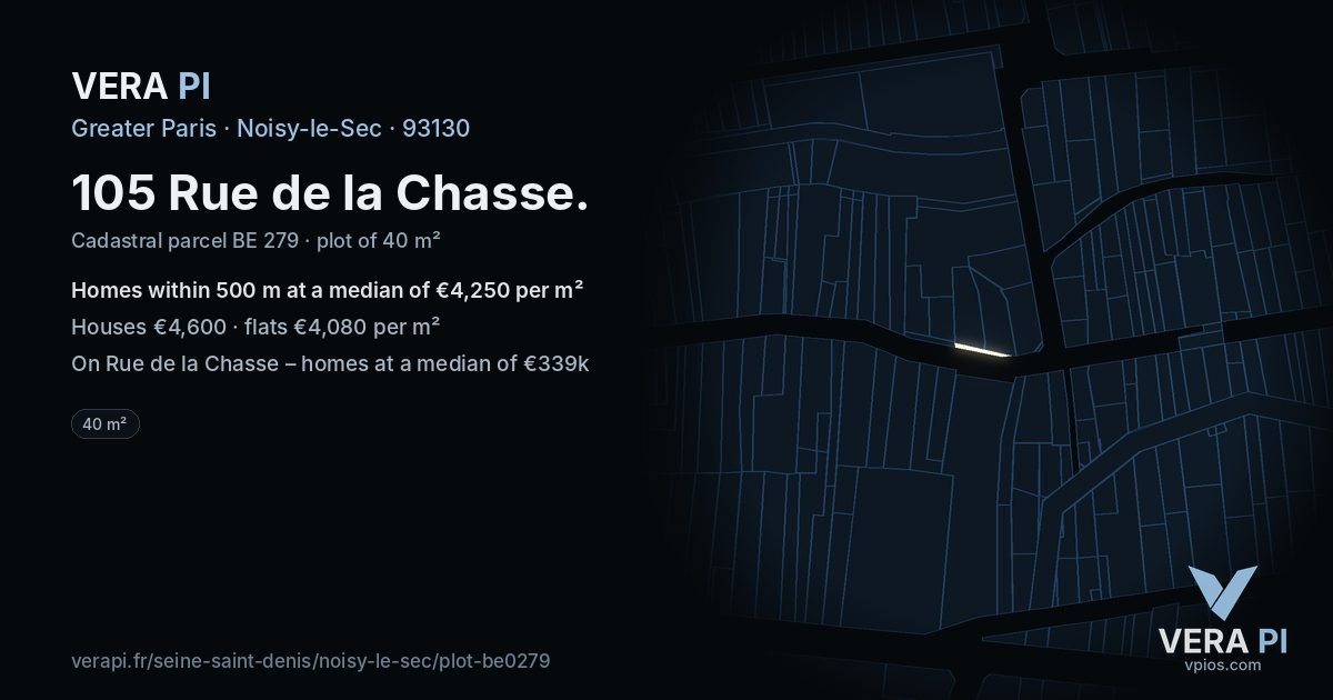 105 Rue de la Chasse, Noisy-le-Sec at night – the plot lit, the parcels around coloured by the prices near them