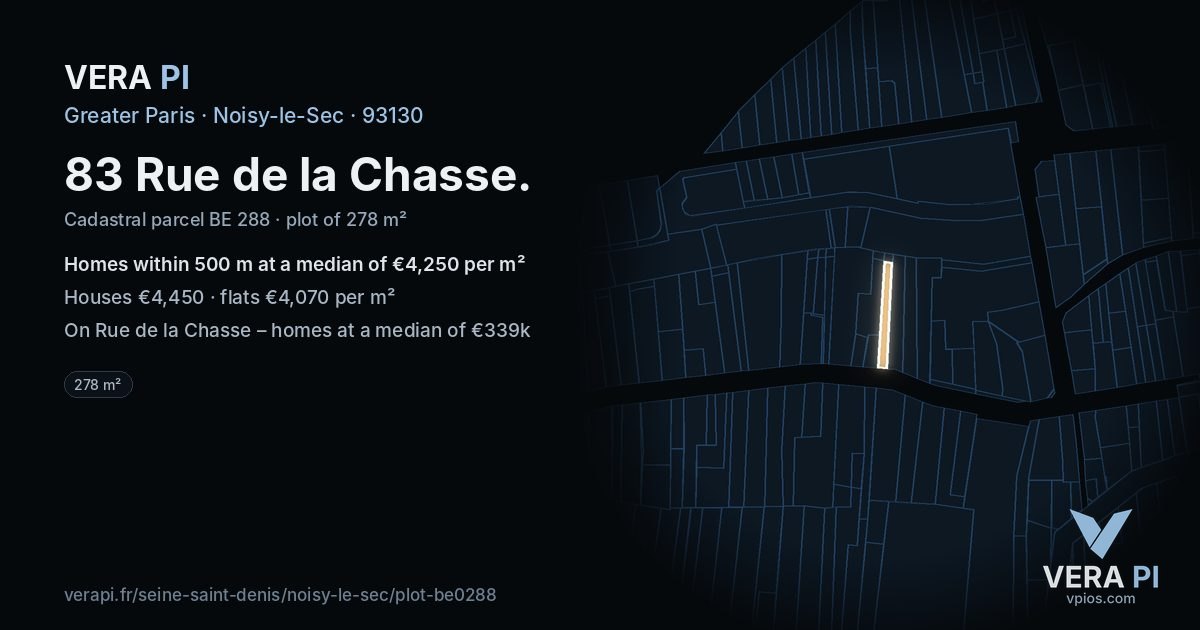 83 Rue de la Chasse, Noisy-le-Sec at night – the plot lit, the parcels around coloured by the prices near them